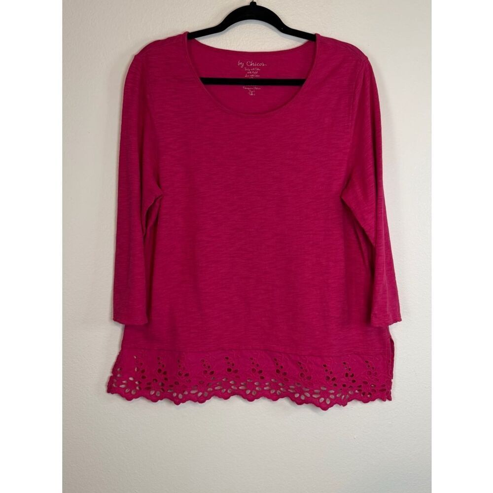 Chico’s Top Pink 3/4 Sleeve Eyelet Lace Hem Size 2 (large 12) Cotton Modal